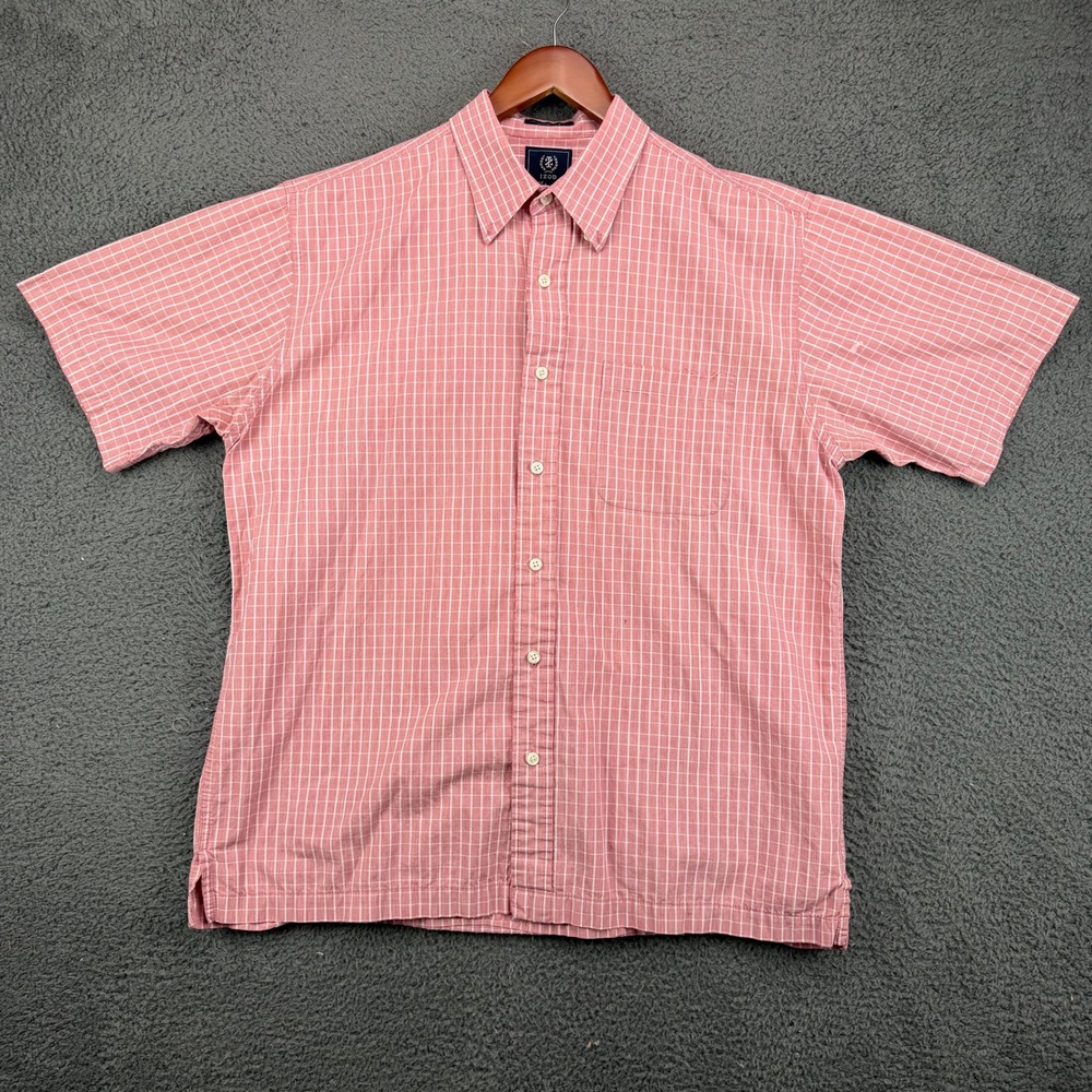 IZOD Saltwater Men Large Red White Plaid Short Sleeve Button Down Shirt Cotton